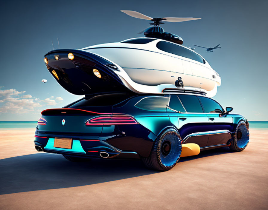 Futuristic vehicle with helicopter on sandy beach under clear blue sky