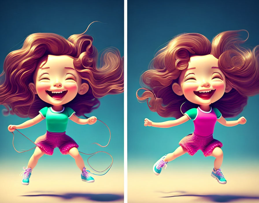 Animated girl with flowing hair jumping rope in pink and teal outfit