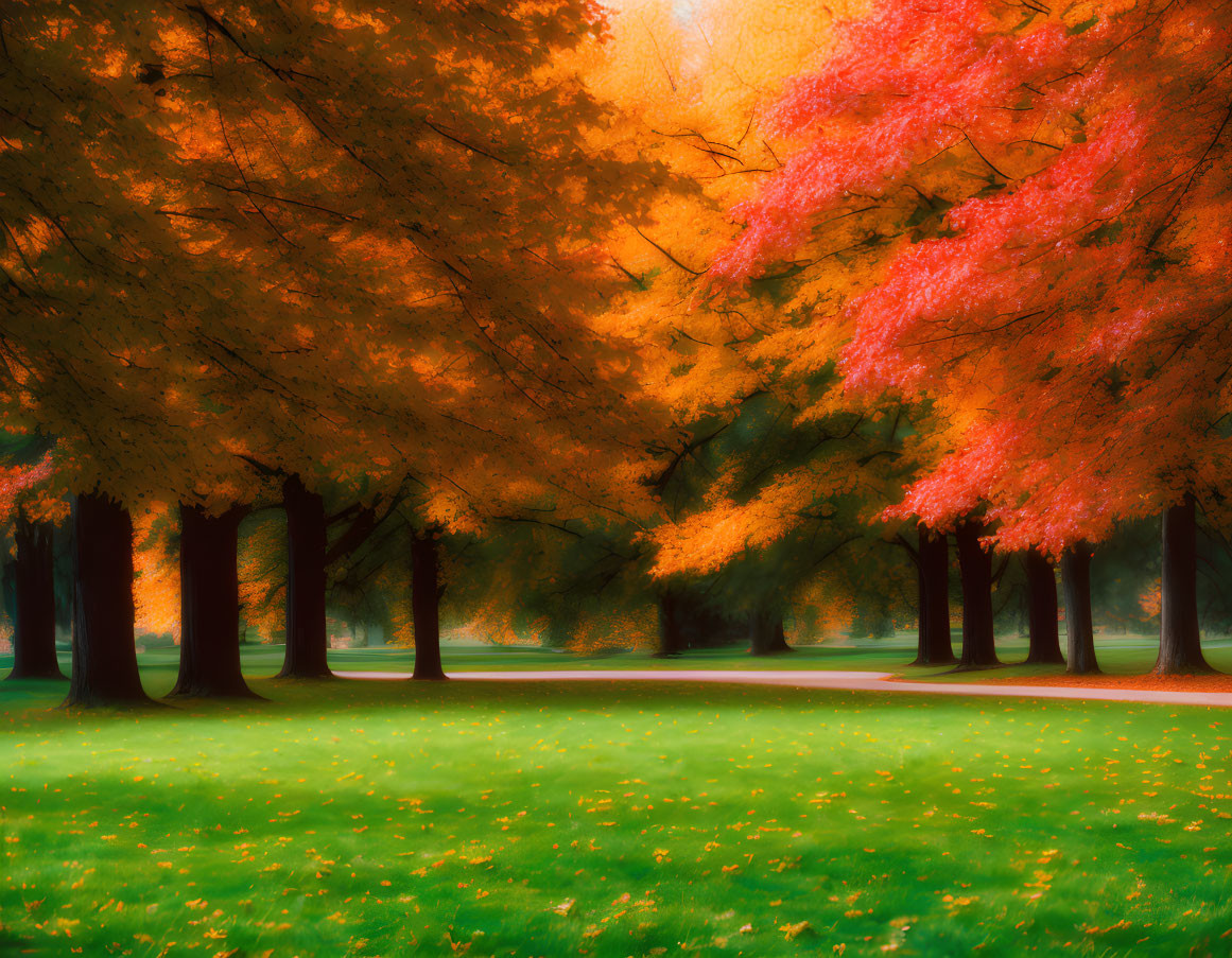 Autumn Park Scene with Red and Orange Leaves and Sunlight Glow