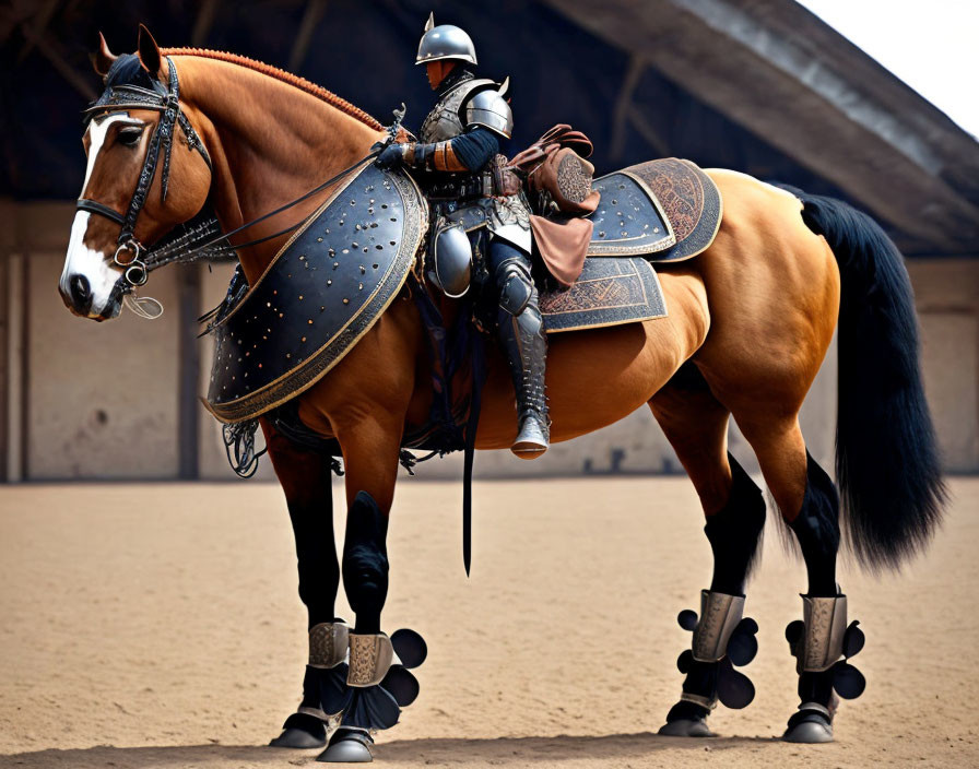 Armored knight on brown horse ready for medieval tournament