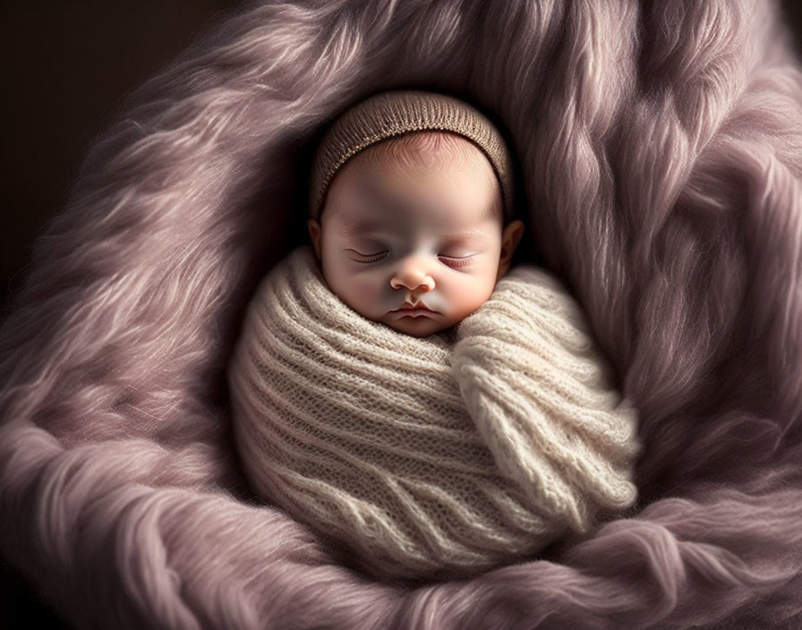 Newborn sleeping on white blanket with purple fur backdrop