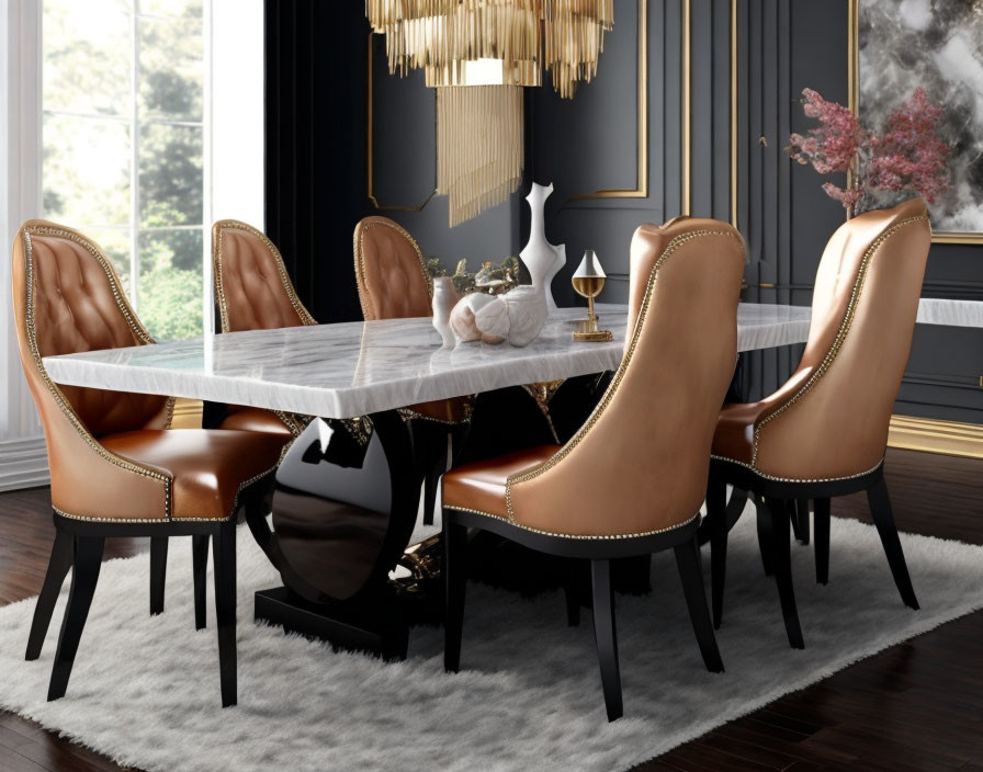 Modern dining room with marble table, leather chairs, brass accents, black wall, chandelier