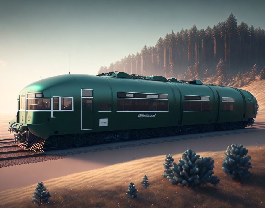 Classic Green Train on Tracks in Foggy Forest Scene