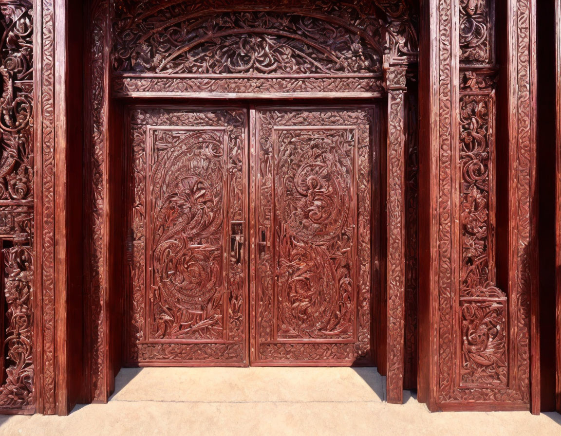 Intricate Carved Wooden Double Doors in Bright Light