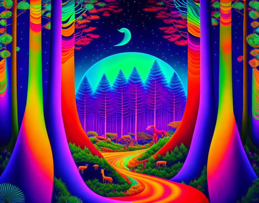 Colorful Psychedelic Landscape with Winding Path and Surreal Trees