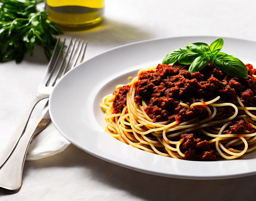 Plate of spaghetti with meat sauce and basil on white tablecloth, olive oil in background