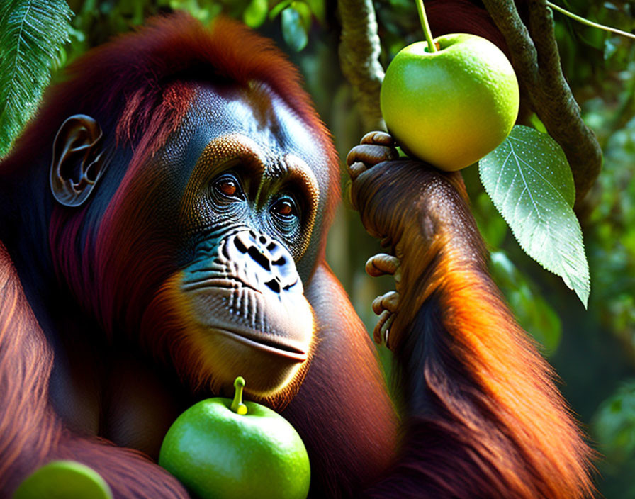 Orangutan with reddish-brown fur and green apple in lush forest