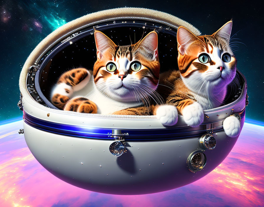 Two cats in fantasy space helmet with purple and blue nebula.