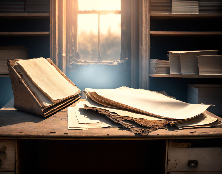 Vintage Open Book and Papers on Old Desk with Sunlight Background