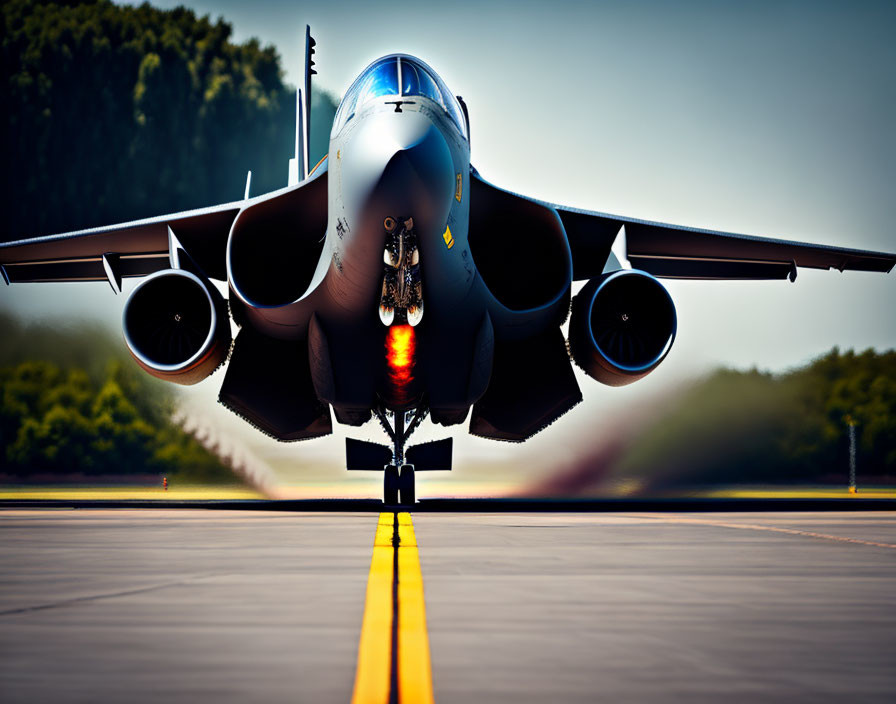 Jet fighter with active afterburner on runway viewed from low angle