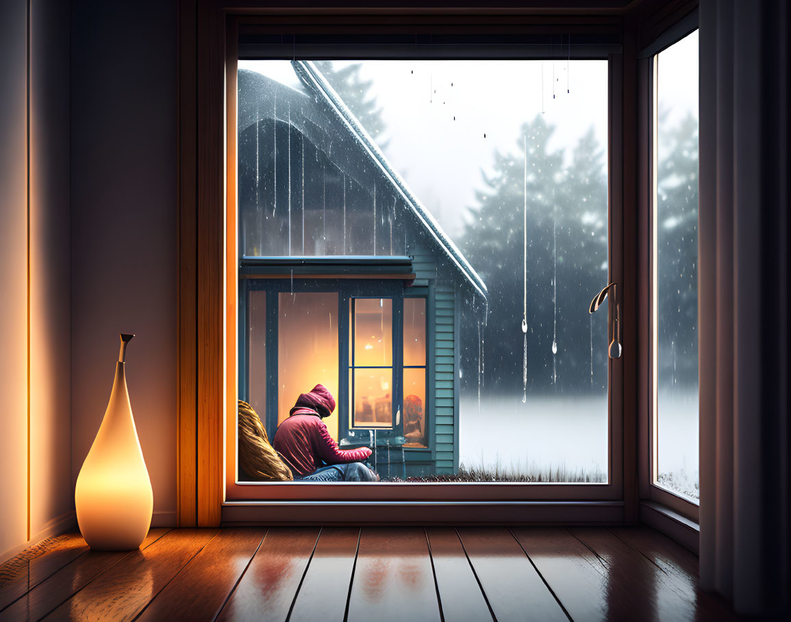 Person sitting by warmly lit window, watching serene snowfall at night