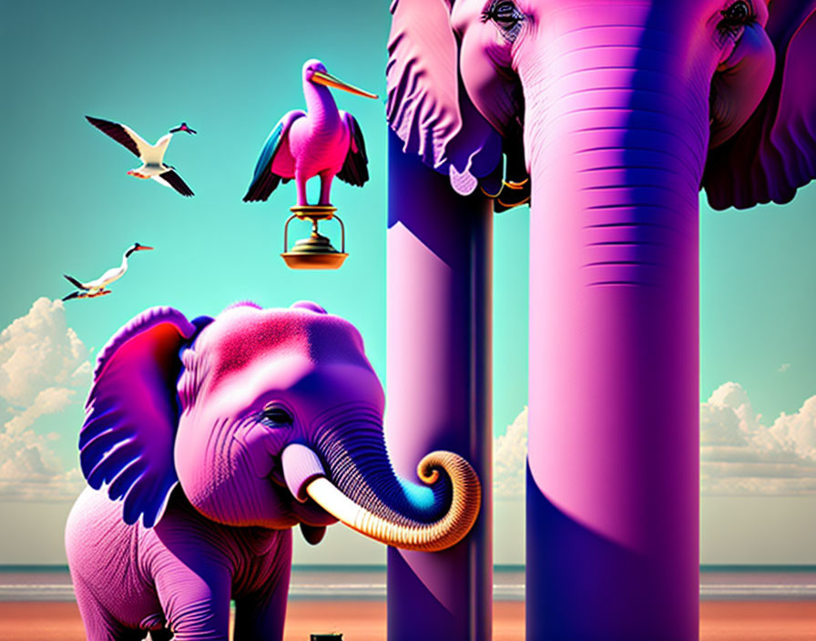 Purple elephant with twisted trunk beside striped pillars, pelican on post, seagulls in pink sky