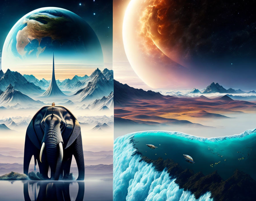 Surreal landscape collage with space elephant, futuristic structures, mountains, and ocean abyss