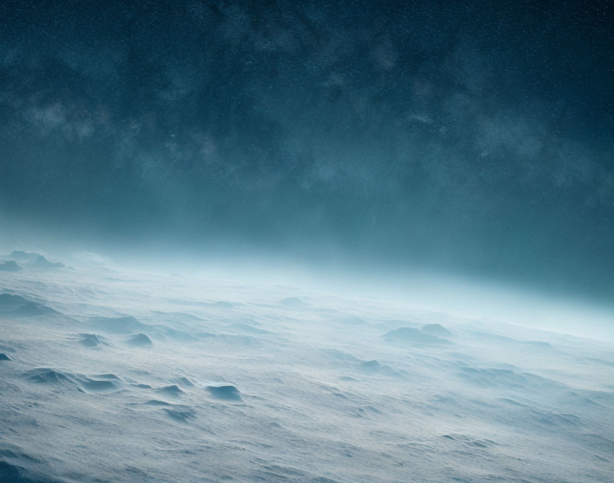 Snow-covered Landscape under Starry Sky with Wind-blown Snowflakes