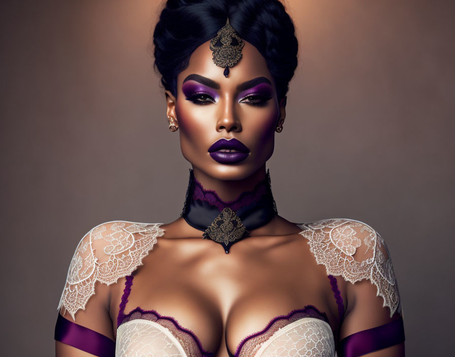 Bold Makeup and Striking Headpiece: Elegant Woman in Deep Purple Attire