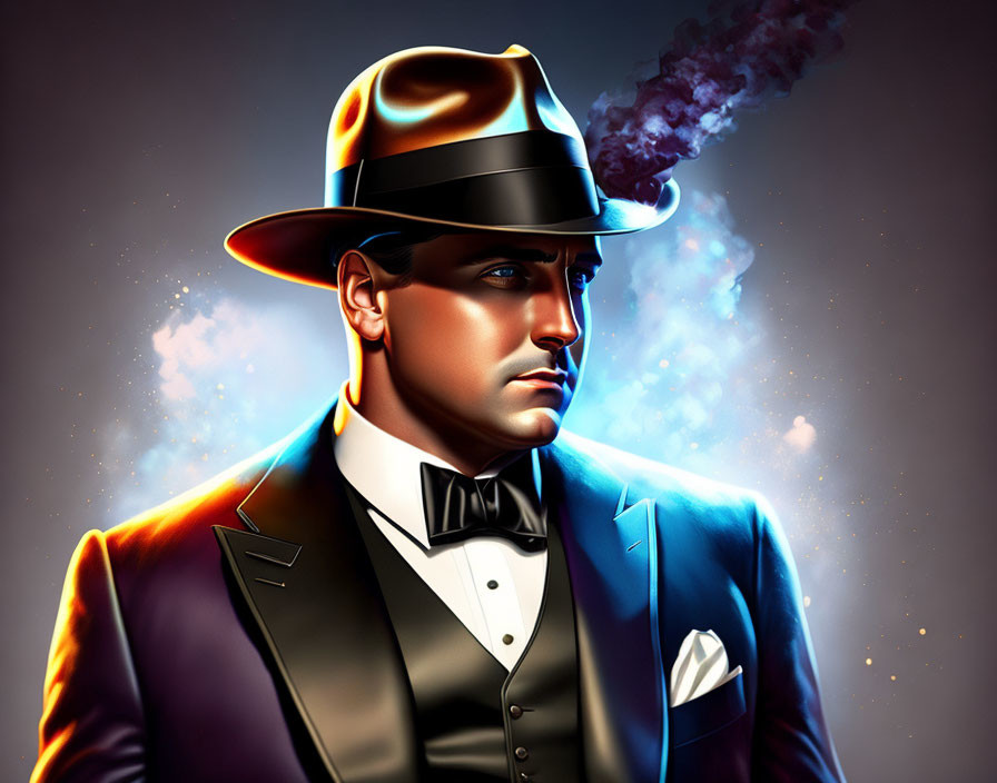 Stylistic man in blue suit and fedora hat smoking under dramatic lighting