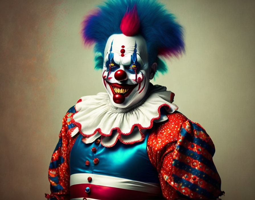 Colorful Clown with Red Nose and Flamboyant Hair in Bright Costume