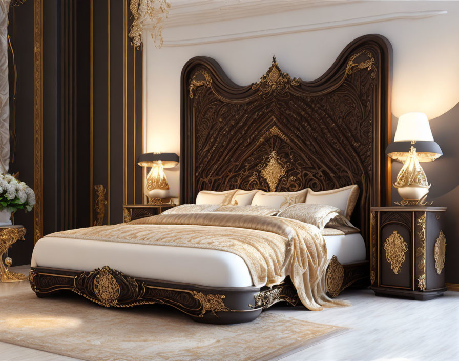 Elegant Bedroom Decor with Black and Gold Headboard