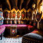 Medieval-themed room with heraldic shields, golden chandeliers, and royal blue & red upholstery