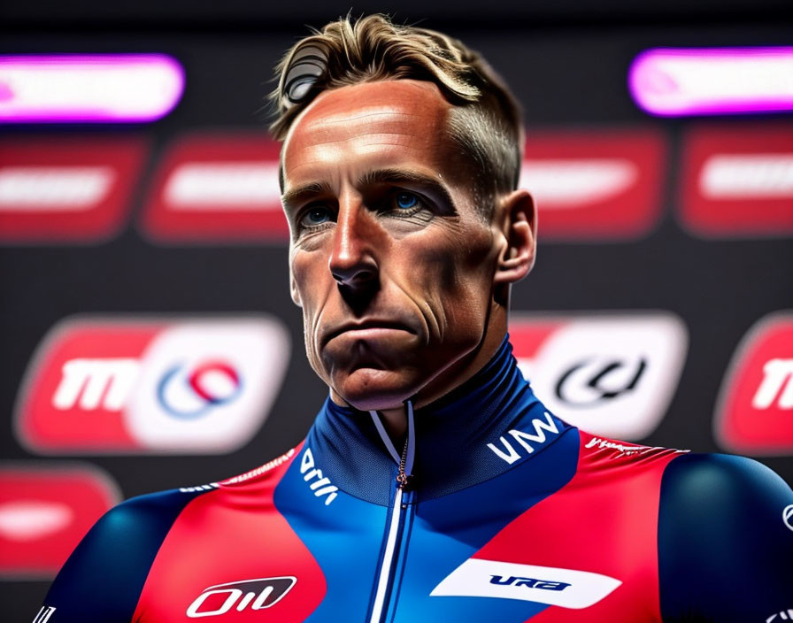 Racing driver in blue and red suit with sponsor logos sitting with serious expression