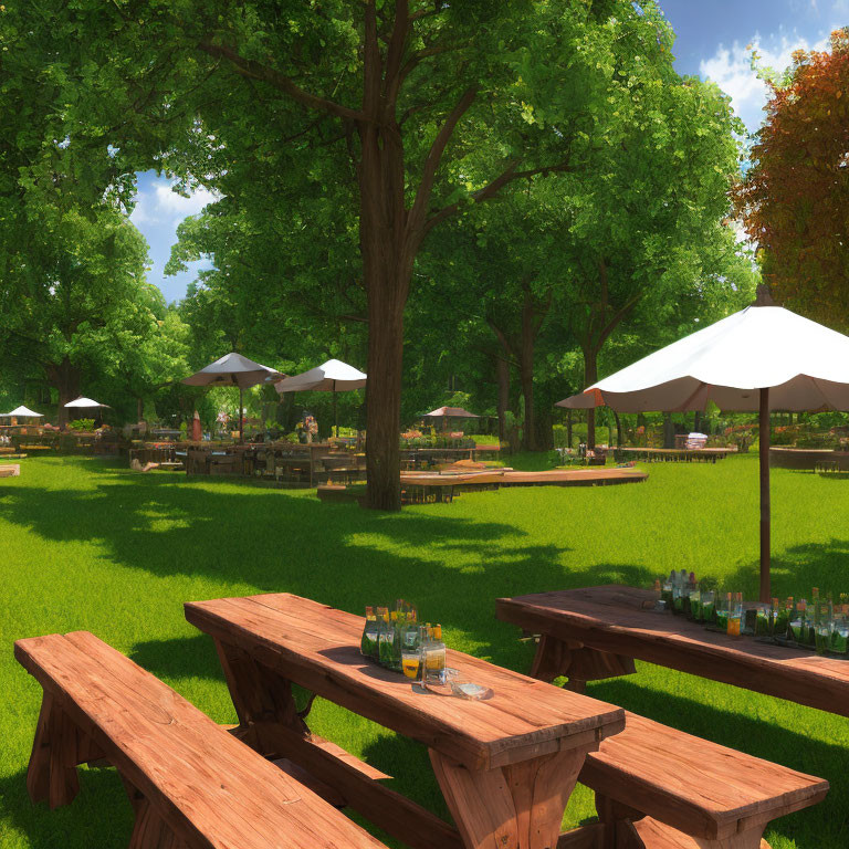 Sunny park setting with greenery, picnic tables, umbrellas, and beverages