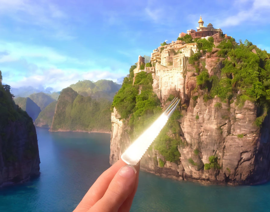 Hand holding USB flash drive over castle on cliff by sea in idyllic landscape