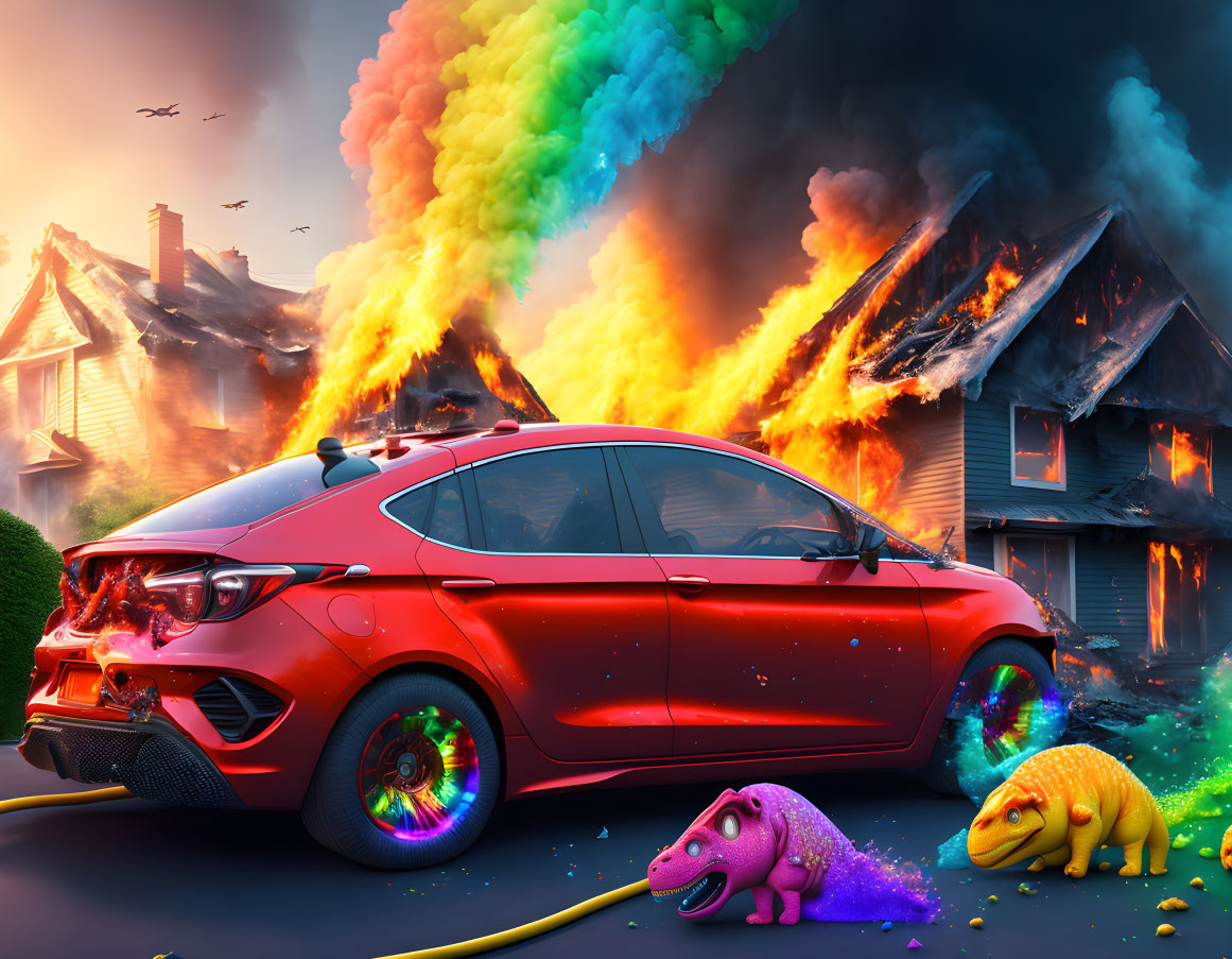 Colorful Scene: Red Car, Smoke Plumes, Burning Houses, Toy Dinosaurs