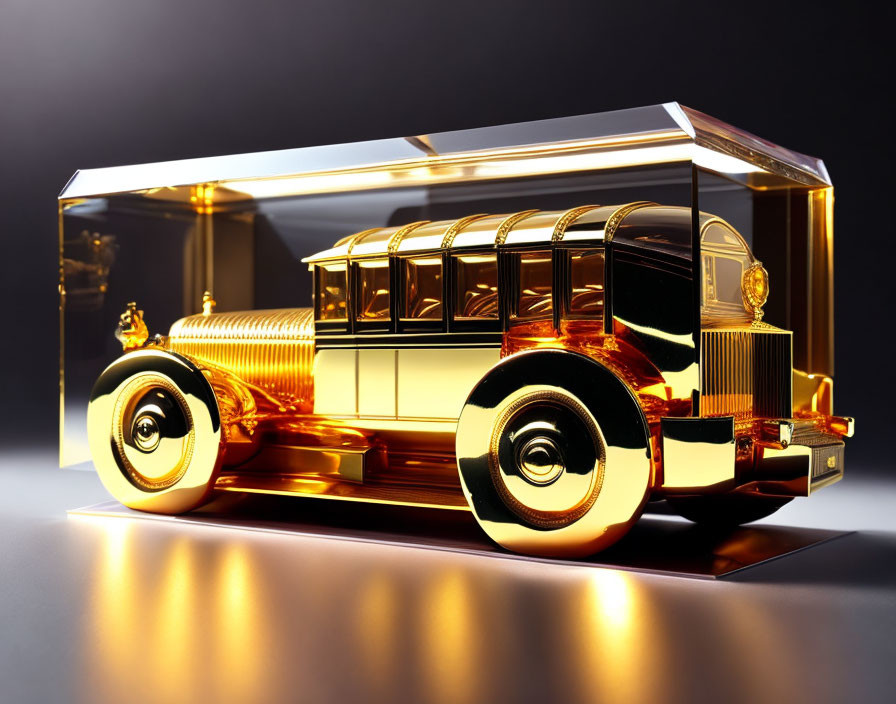 Vintage Golden Car Model in Glass Display on Dark Background