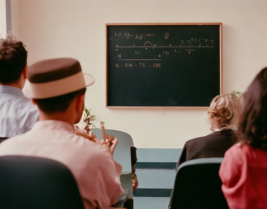 Four people in classroom studying math equations.