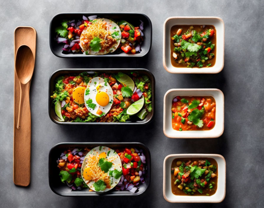 Various Nutritious Meals in Black Containers with Salad, Eggs, and Wooden Spoon on Dark Tabletop