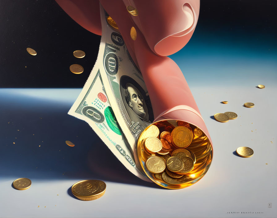 Surreal image: Large pink piggy bank overflowing with coins and dollar bill in space