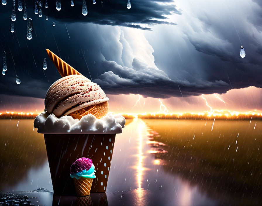 Surreal image: Giant ice cream cone under stormy sky with lightning contrasted with smaller cone