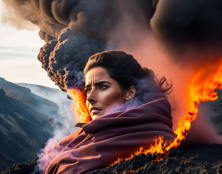 Woman in maroon cloak on rocky terrain with volcanic backdrop