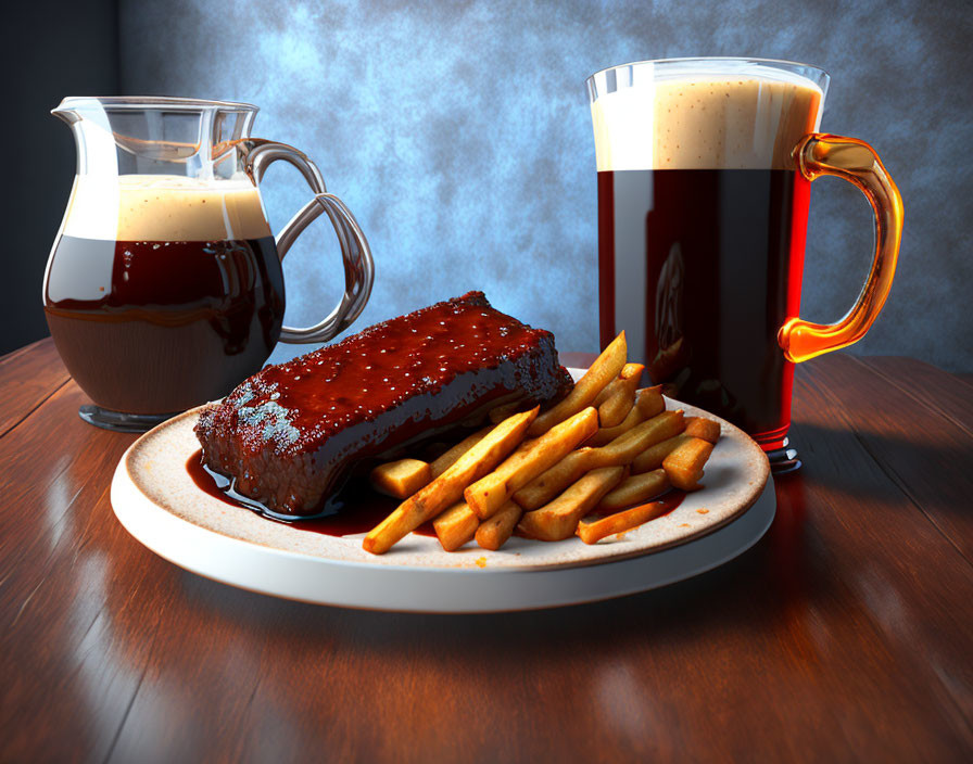 Succulent Barbecue Ribs, Fries, Beer, and Sauce on Table