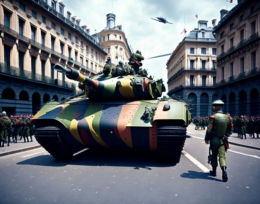 Military parade with soldiers, tank, and jets in front of stately buildings