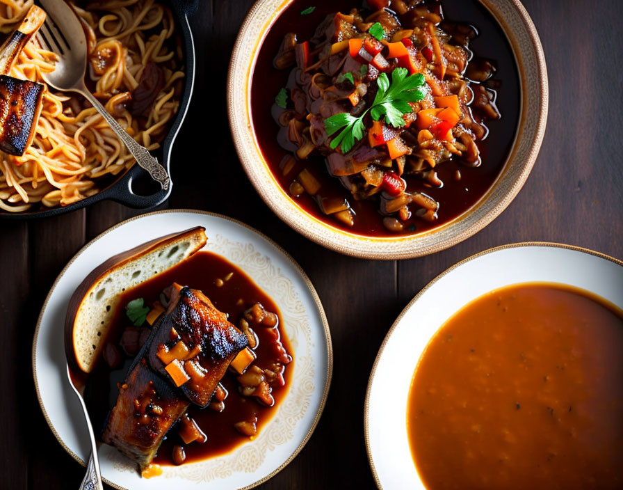 Savory pork dish with glaze, noodles, soup, and herbs on wooden table