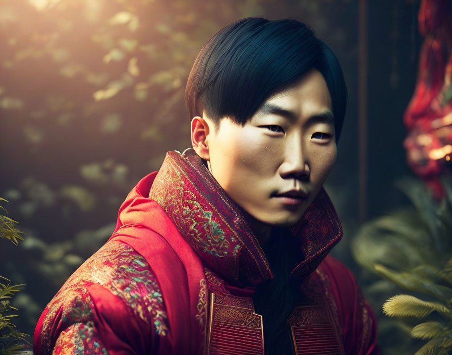 Asian man in red traditional attire against dimly lit background with green foliage