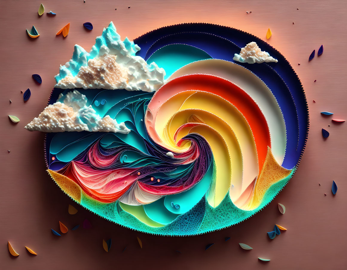 Colorful swirling rainbow paper art with cloud cutouts on pink backdrop.