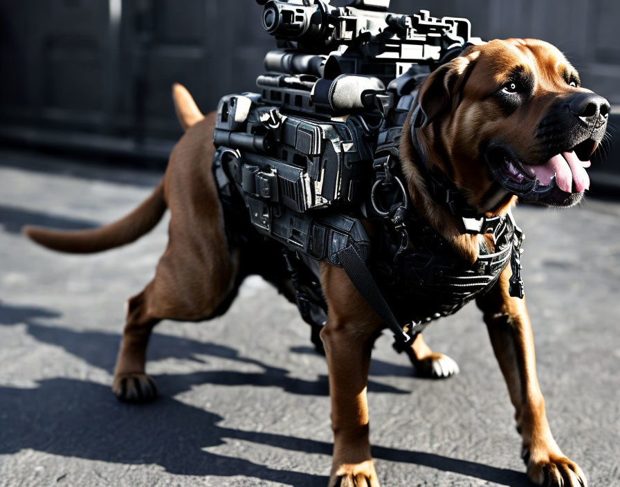 Brown dog in tactical harness with simulated weapons on asphalt