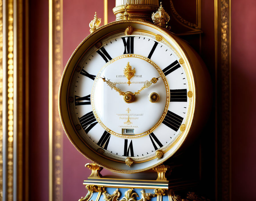 Antique Clock with White Face & Roman Numerals on Red Background