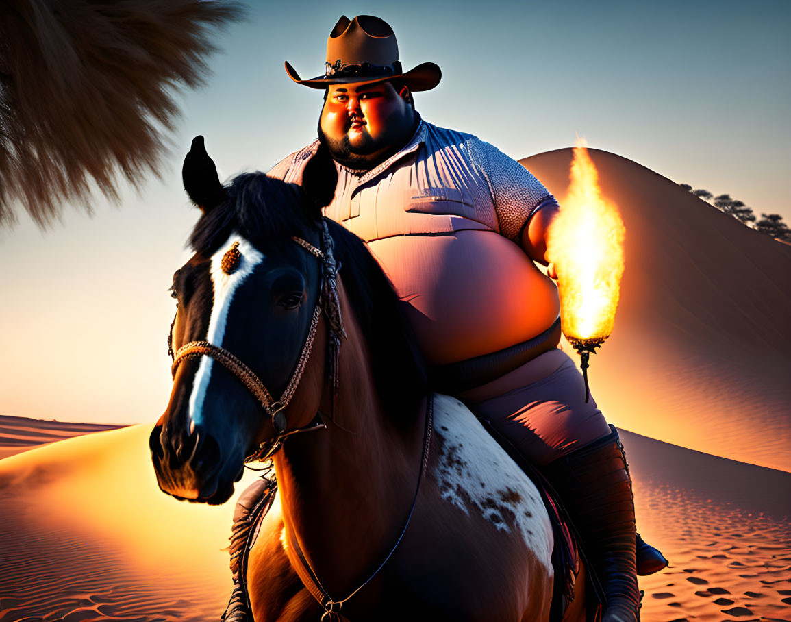 Stylized heavyset cowboy on horse with torch in desert at sunset