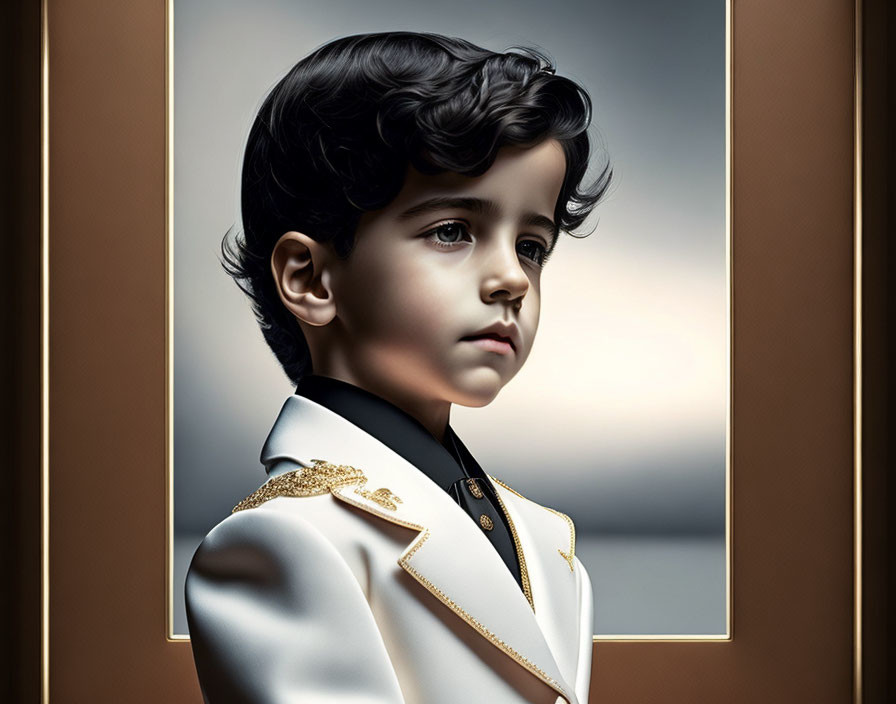 Young boy with wavy hair in white and gold formal attire on soft background