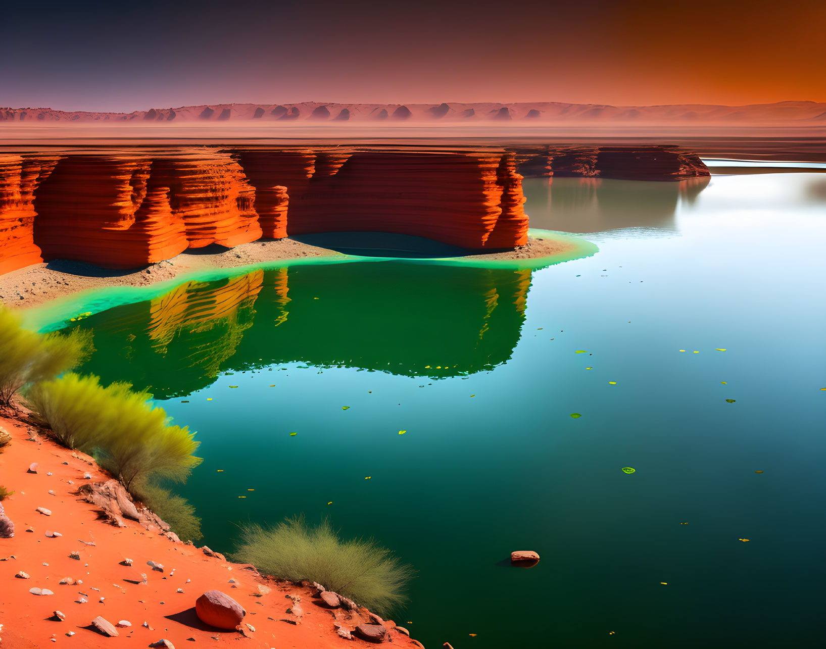 Scenic Landscape: Red Cliffs, Turquoise Lake, and Orange-Blue Sky