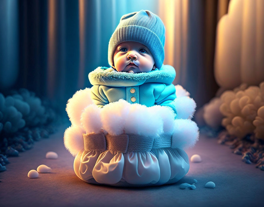 Baby in Blue Snowsuit Surrounded by Pumpkins and Clouds