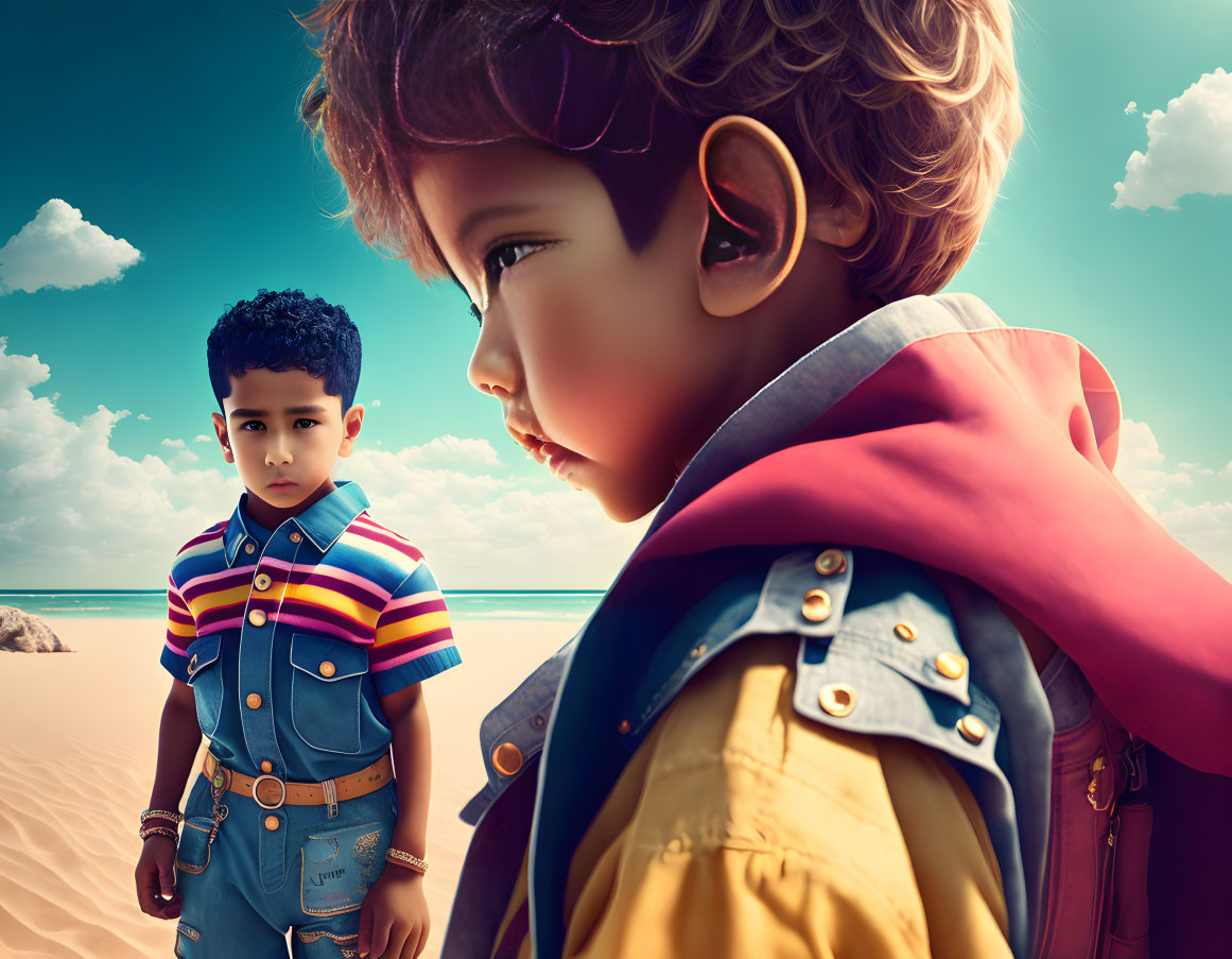 Stylized children on beach with dramatic lighting