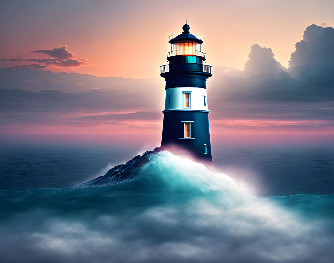 Rocky outcrop lighthouse beaming light at sea under dramatic sunset.