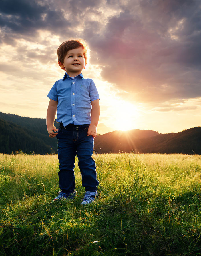 Child in field at sunset with long shadows