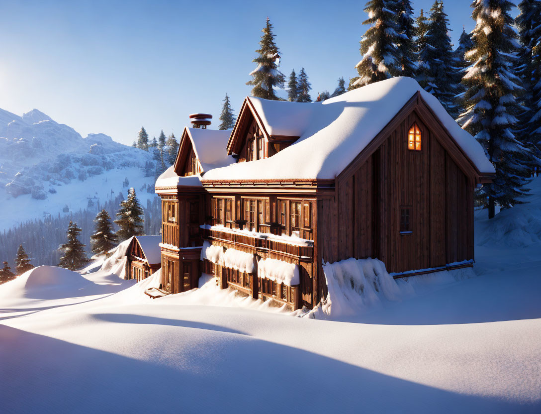 Snow-covered log cabin in snowy pine forest at dusk.