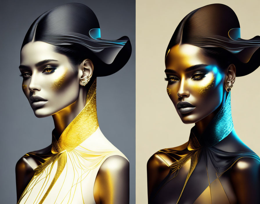 Digital portrait of woman with gold and blue makeup and futuristic headwear against dual-tone background