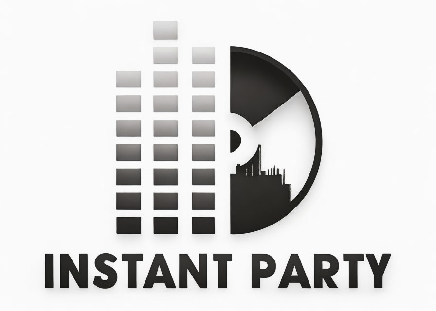 Vinyl record merging with cityscape, "Instant Party" in bold letters